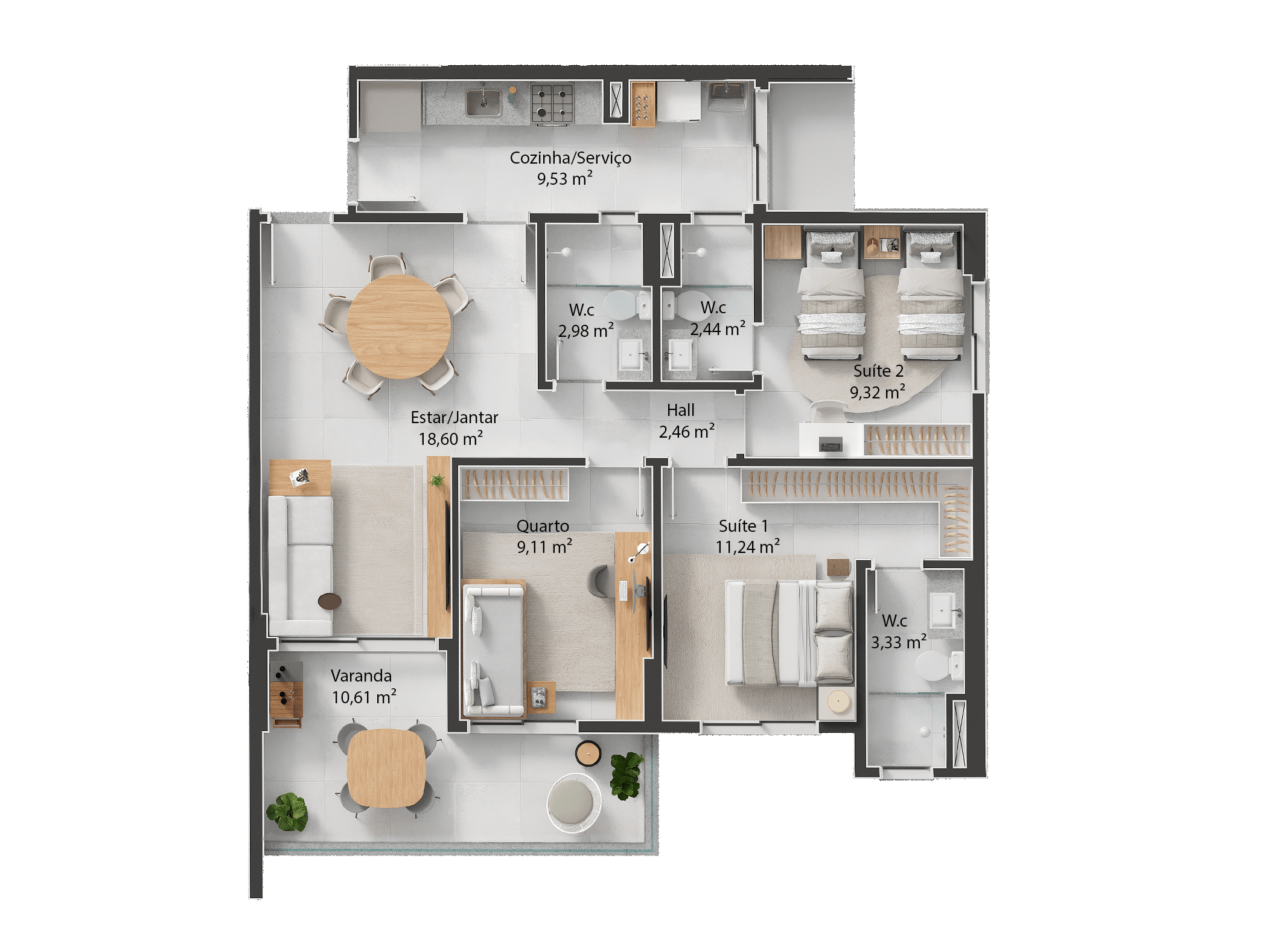 96m² - Três Quartos