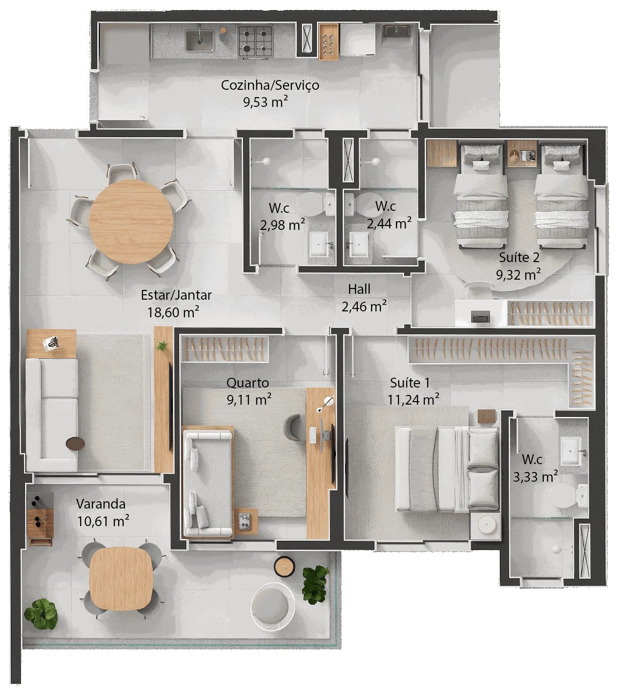 96m² - Três Quartos