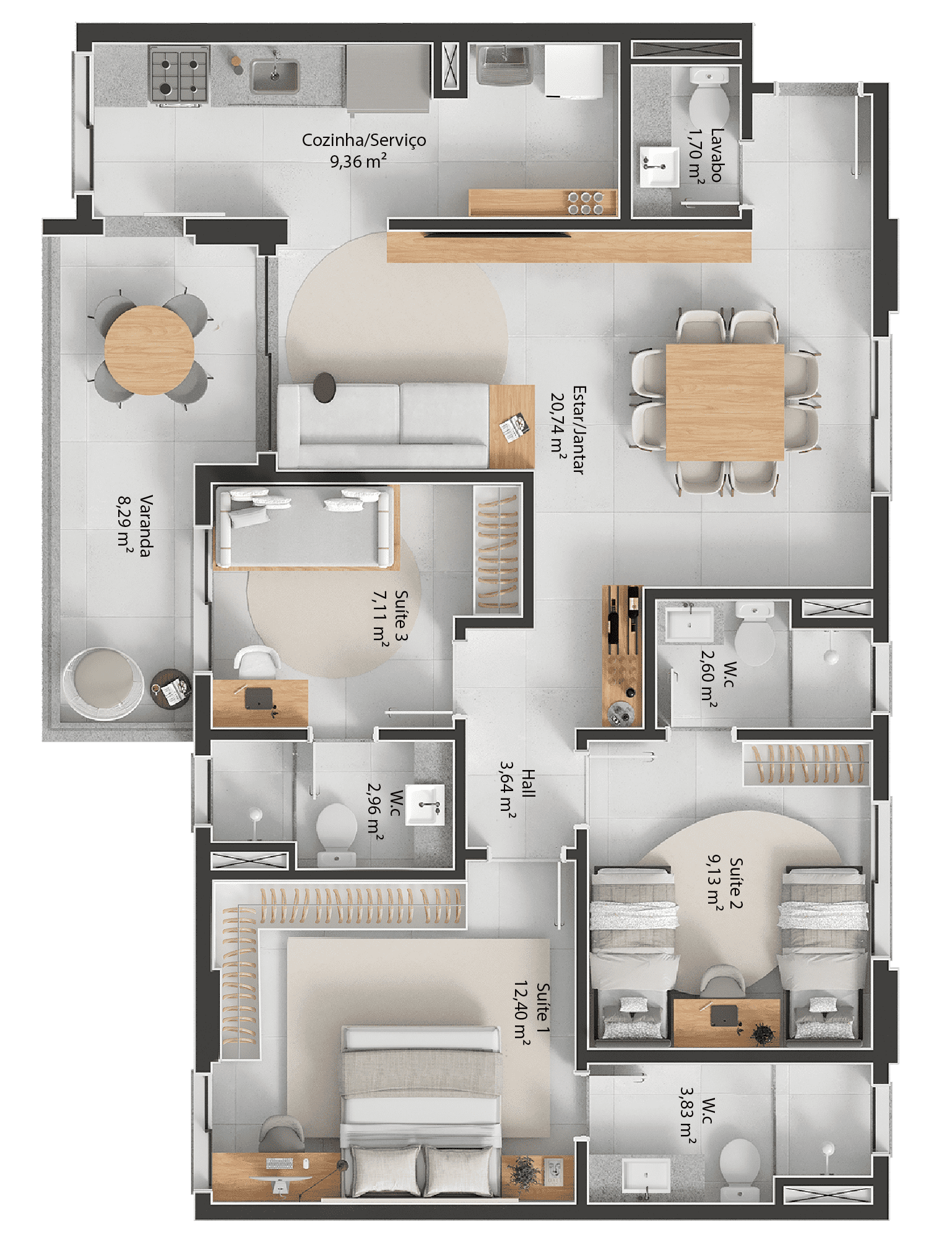 99m² - Três Quartos