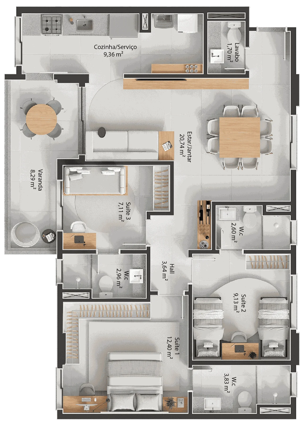 99m² - Três Quartos