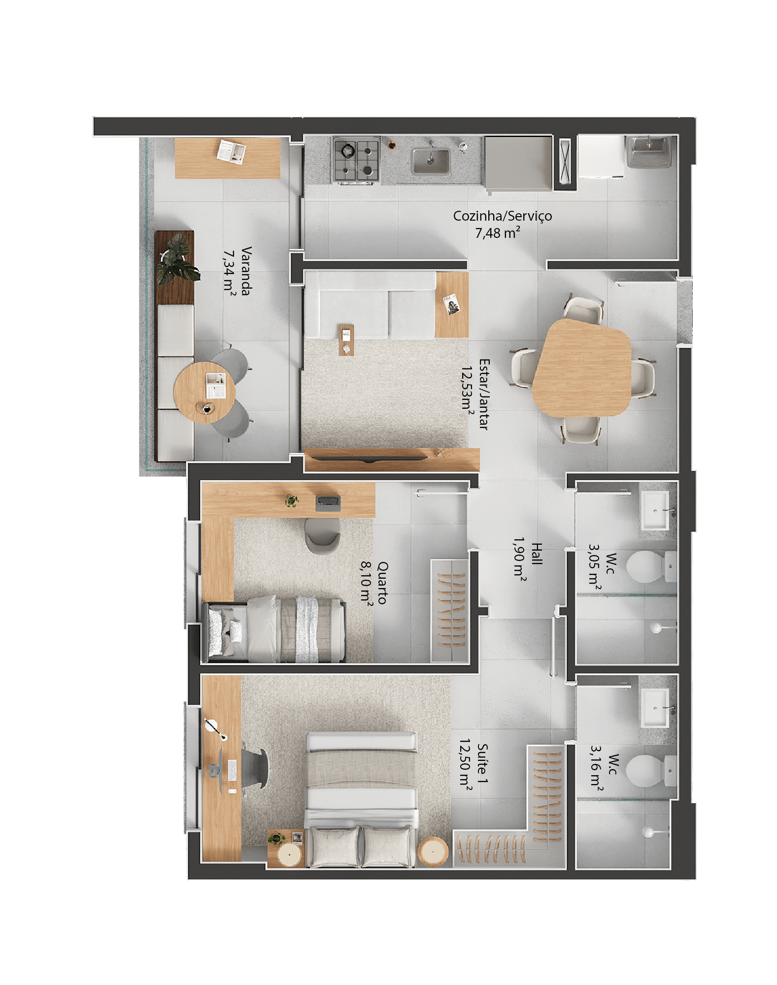 68m² - Dois Quartos