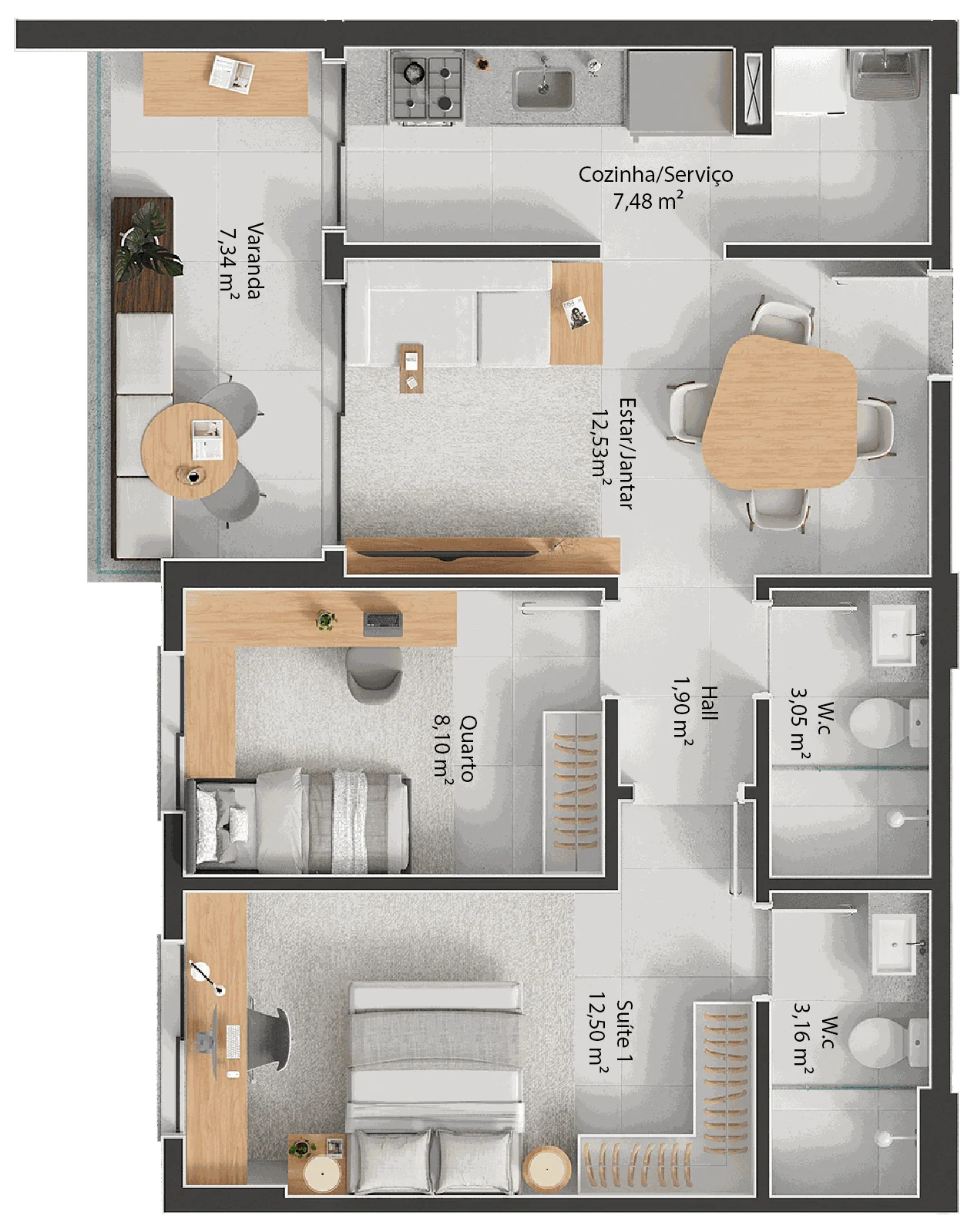 68m² - Dois Quartos