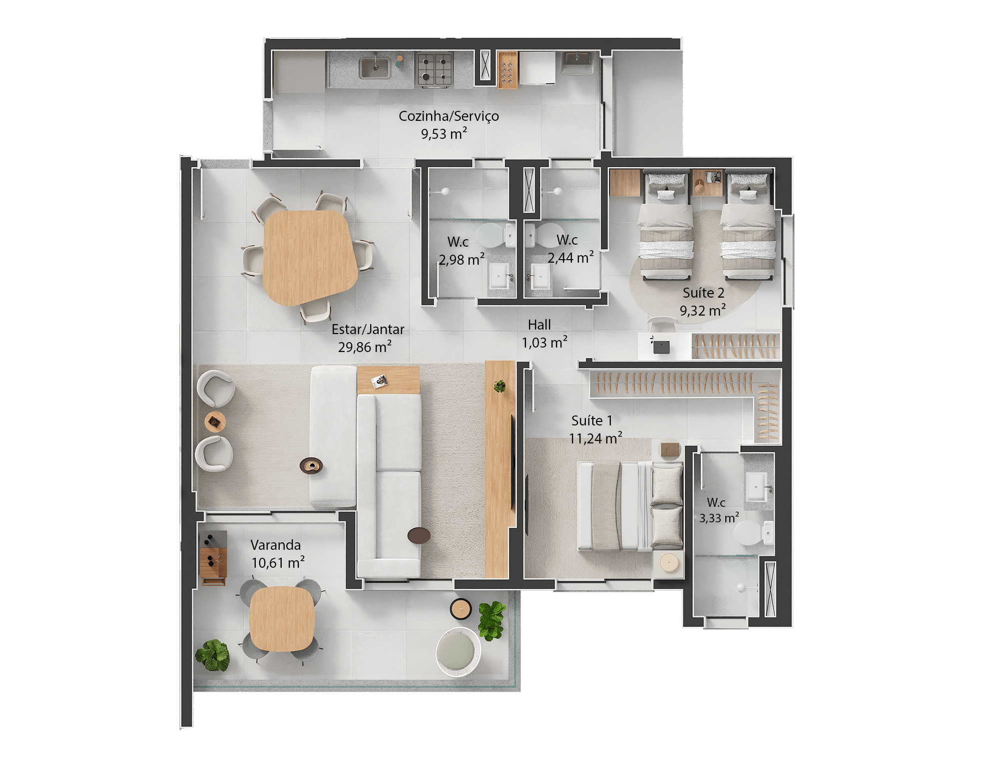 96m² - Duas Suítes