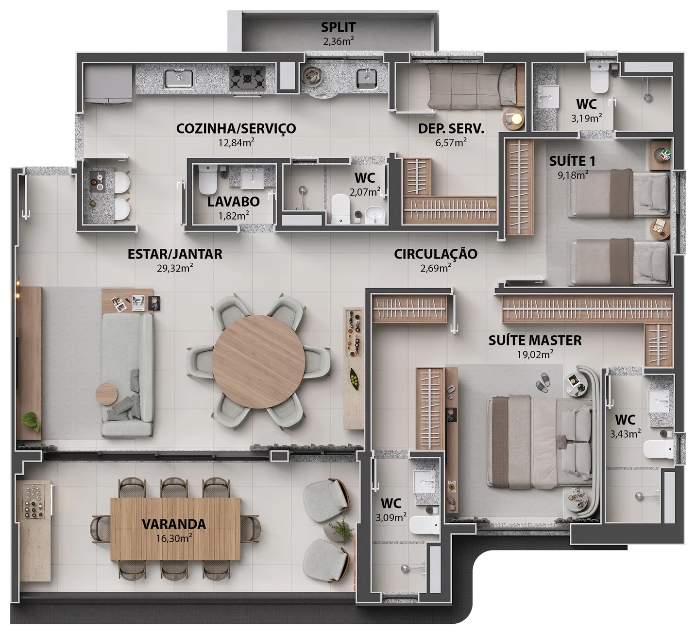 132m² – Sala Ampliada / 2 Suítes