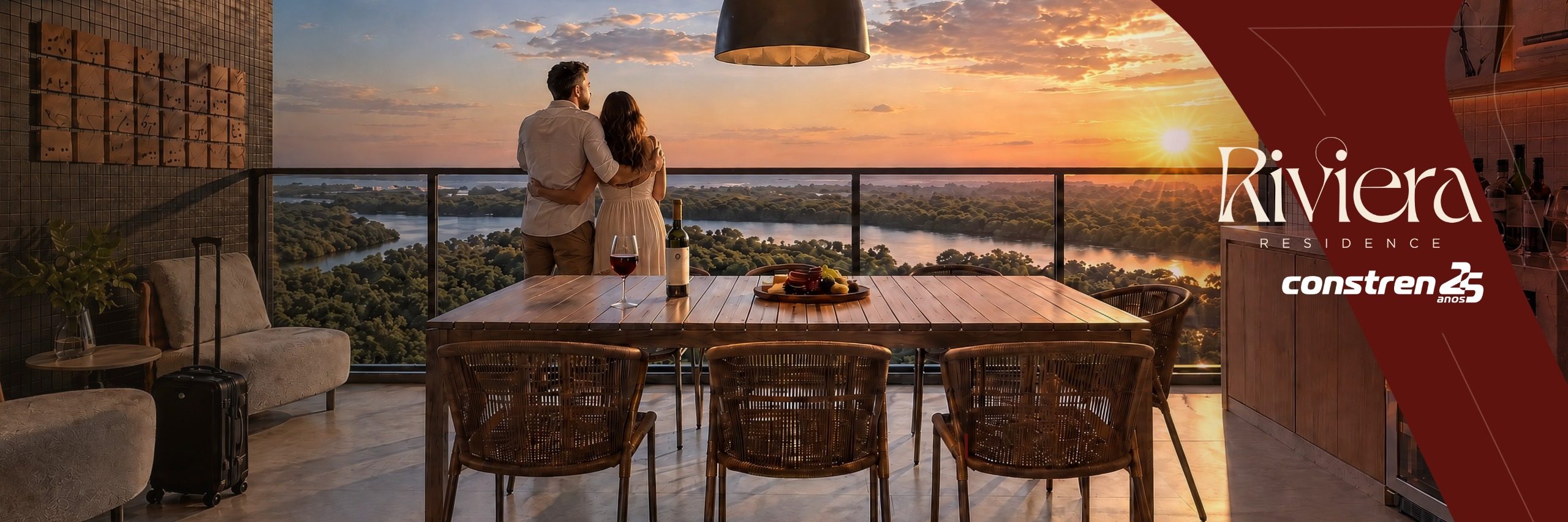 Varanda do Riviera Residence com vista para o rio, ao entardecer